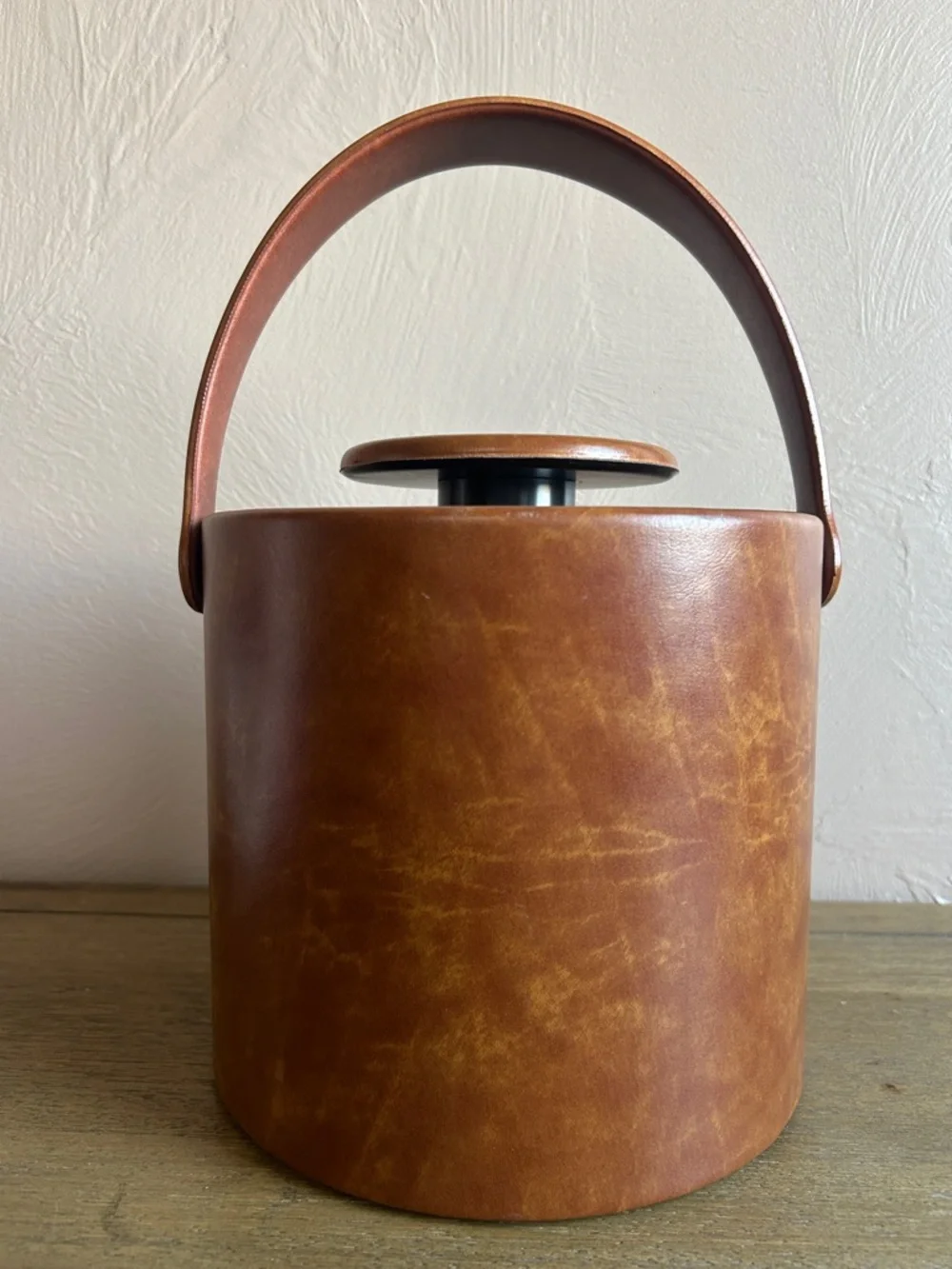 MCM Brown Leather Cylindrical Ice Bucket With Black Accent Made in L. A. USA.